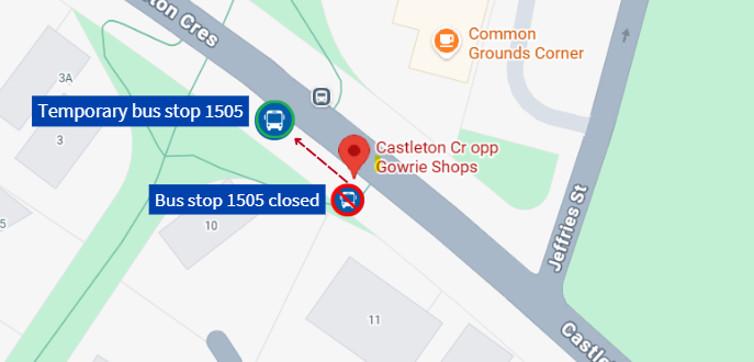 A temporary bus stop is in place approximately 80 metres further along Castleton Crescent.