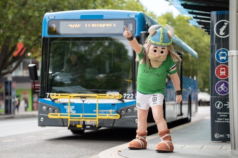 Canberra Raiders Viking mascot posing in front of a Transport Canberra bus.