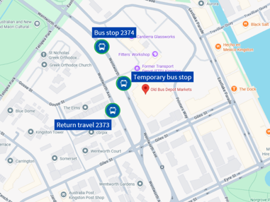Map showing the temporary bus stop located south of bus stop 2374 and north of bus stop 2373 near Old Bus Depot Markets.