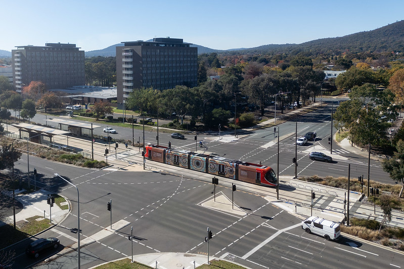 Aerial view of light rail vehicle on tracks 