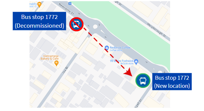 Bus stop 1772 on Newcastle Street after Isa Street has been permanently relocated along Newcastle Street towards Lyell Street 