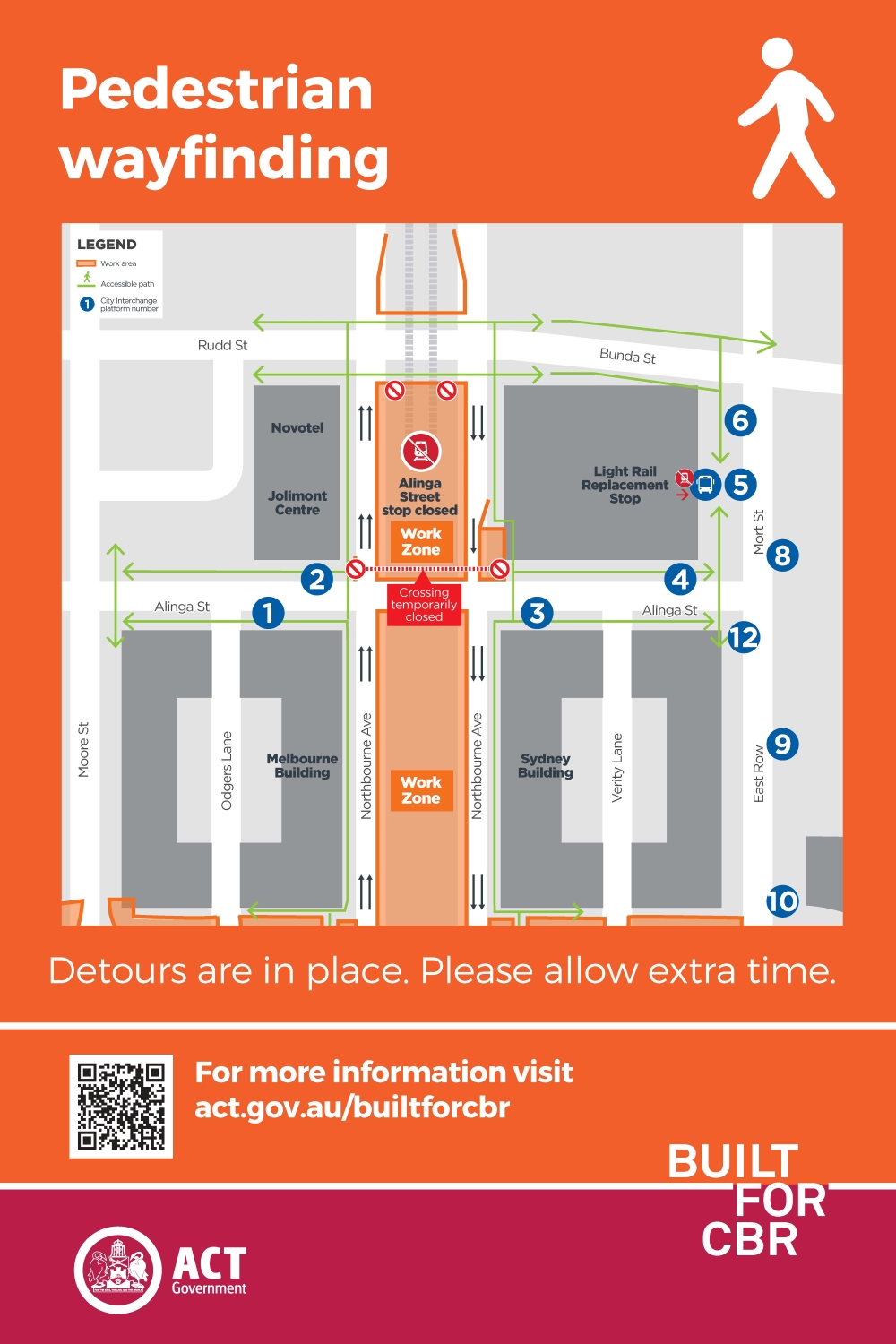 Map showing light rail replacement bus stop near the Alinga street light rail stop.
