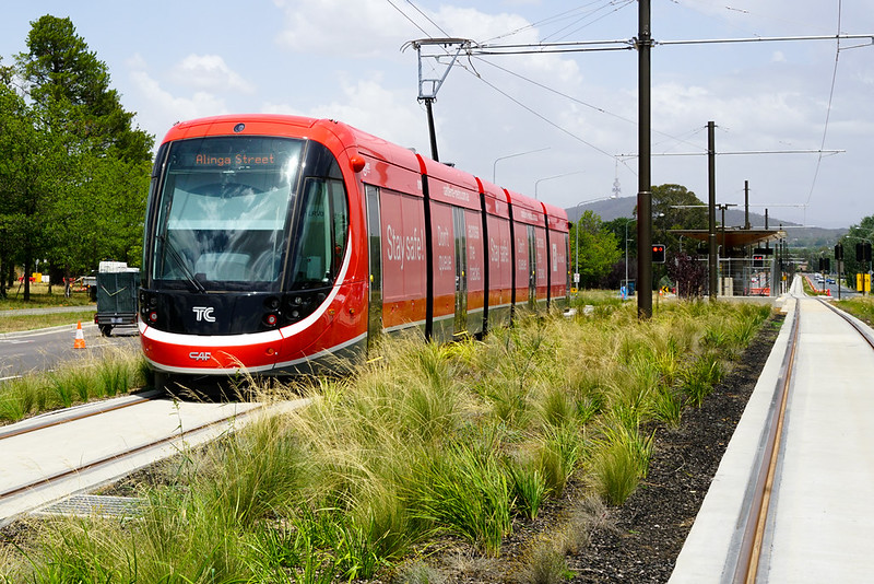 Canberra light rail vehicle travelling along the light rail corridor.