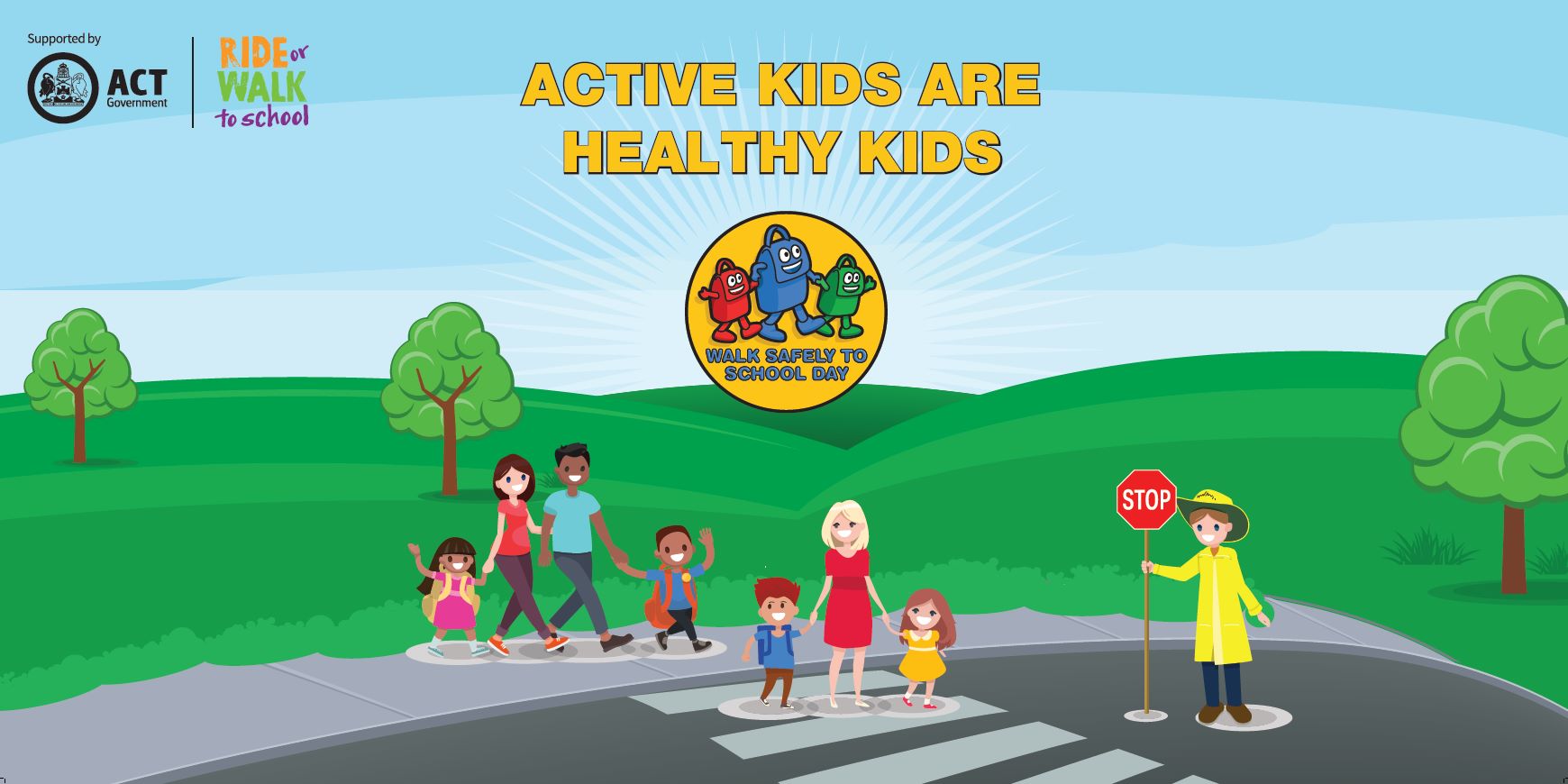 Cartoon illustration of kids crossing the road