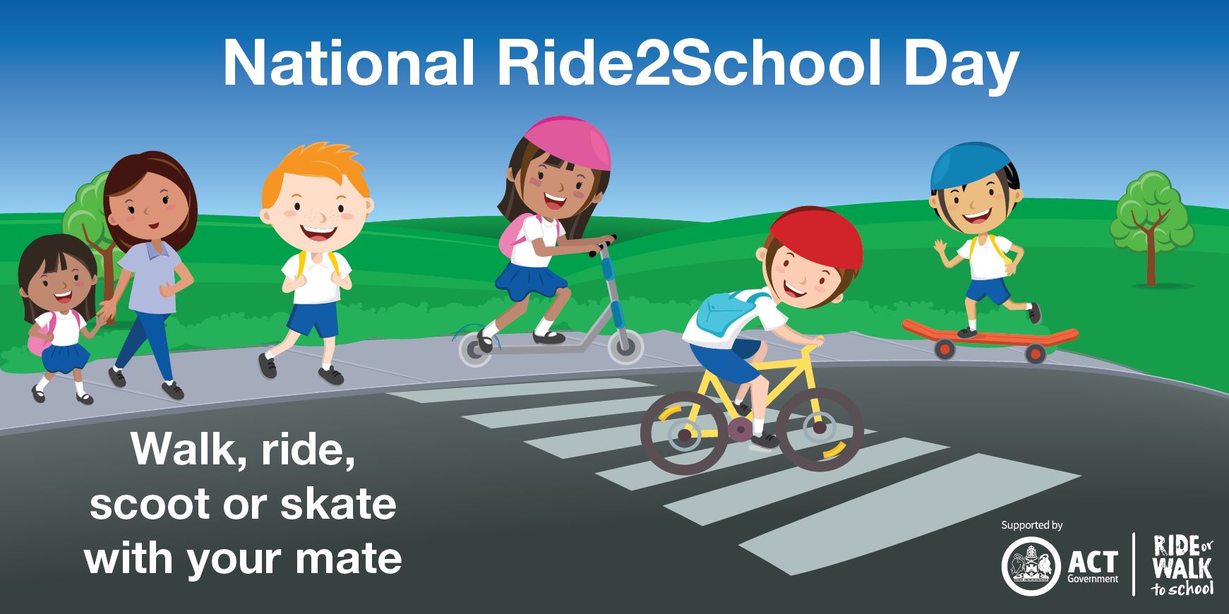 Cartoon illustration of kids crossing the road by foot and biketo school