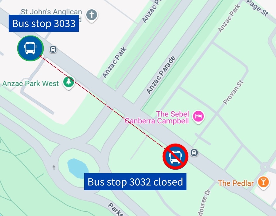 maps showing bus stop 3032 closed and bus stop 3033 open