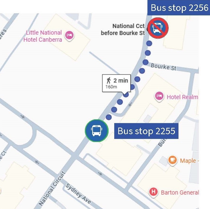 maps showing location of bus stop 2255 on National circuit as bus stop 2256 is closed.